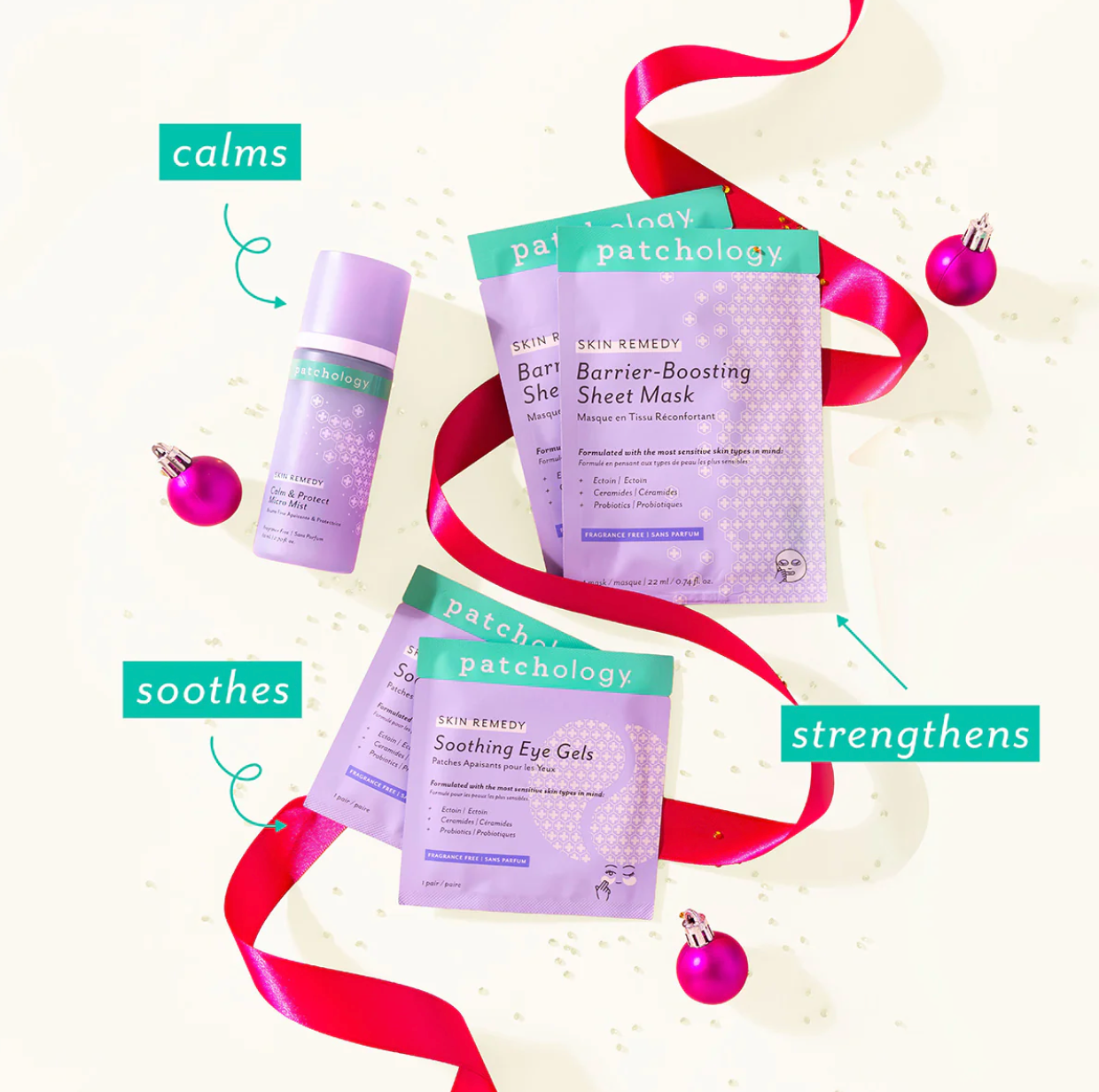 Patchology skincare products with decorative ribbons and ornaments on a light background