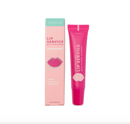 Pink lip balm tube and packaging with 'Lip Service' text on a white background