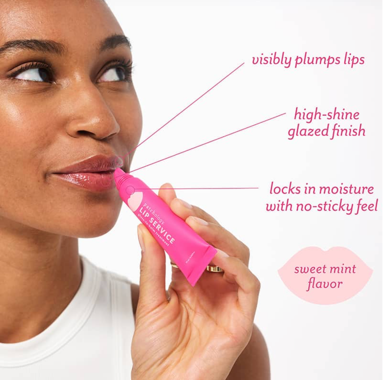 Woman holding a pink lip balm with text highlighting its features.