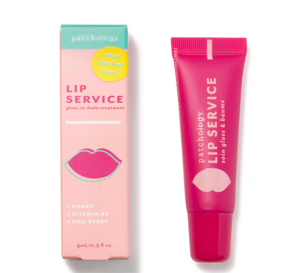 Patchology lip gloss and balm treatment packaging on a white background