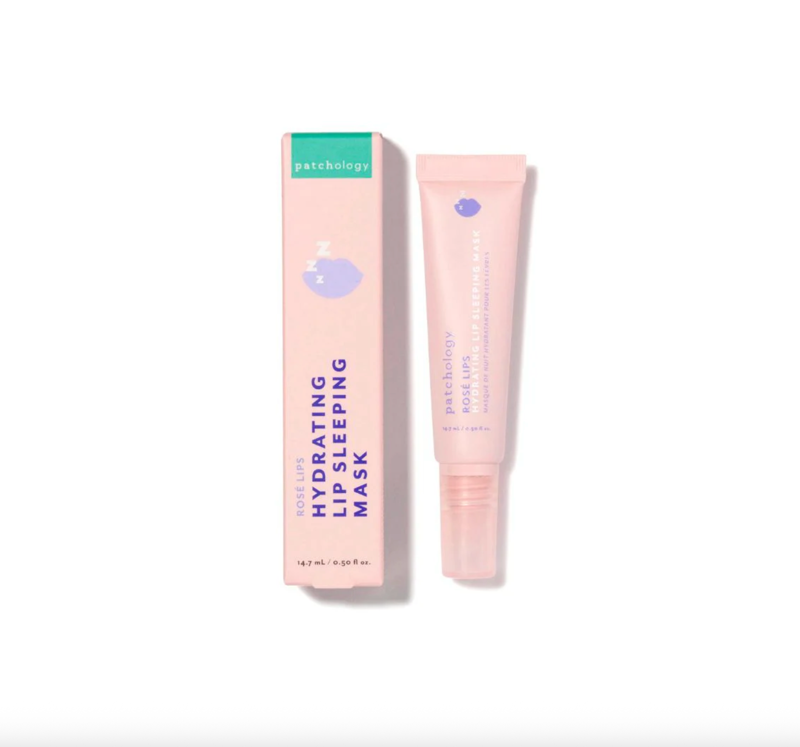 Patchology lip mask packaging and tube on a white background