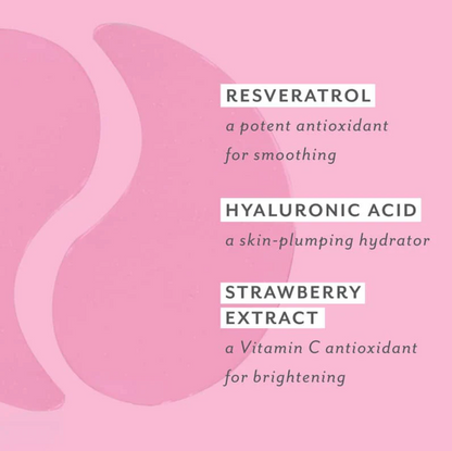 Pink background with text about resveratrol, hyaluronic acid, and strawberry extract on a pink background