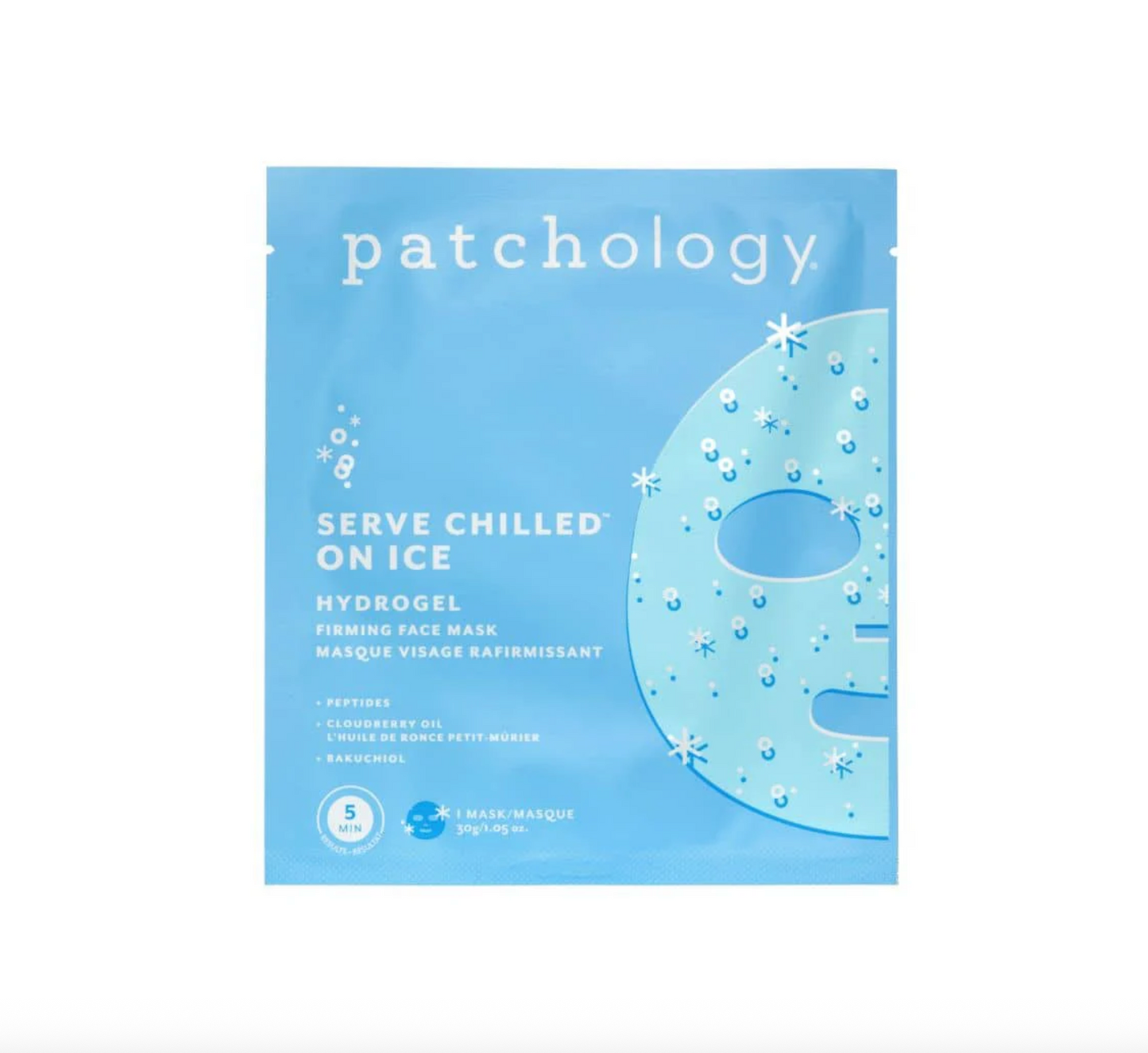 Patchology hydrogel face mask packaging on a white background