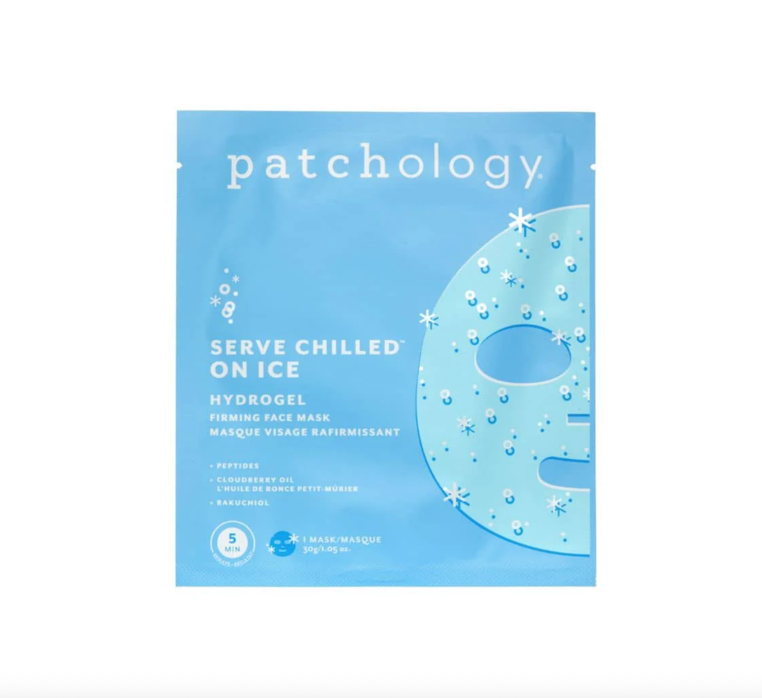 Patchology hydrogel face mask packaging on a white background