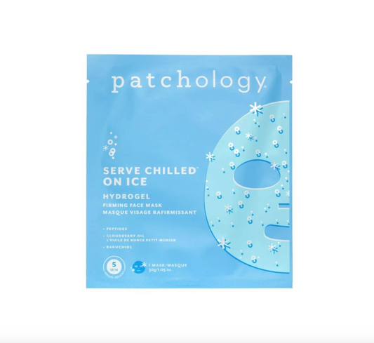 Patchology hydrogel face mask packaging on a white background