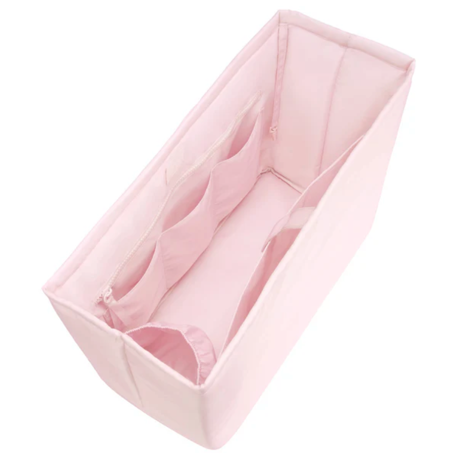 Blush pink Case-Mate jelly tote bag organizer with zipper pocket and divided interior compartments