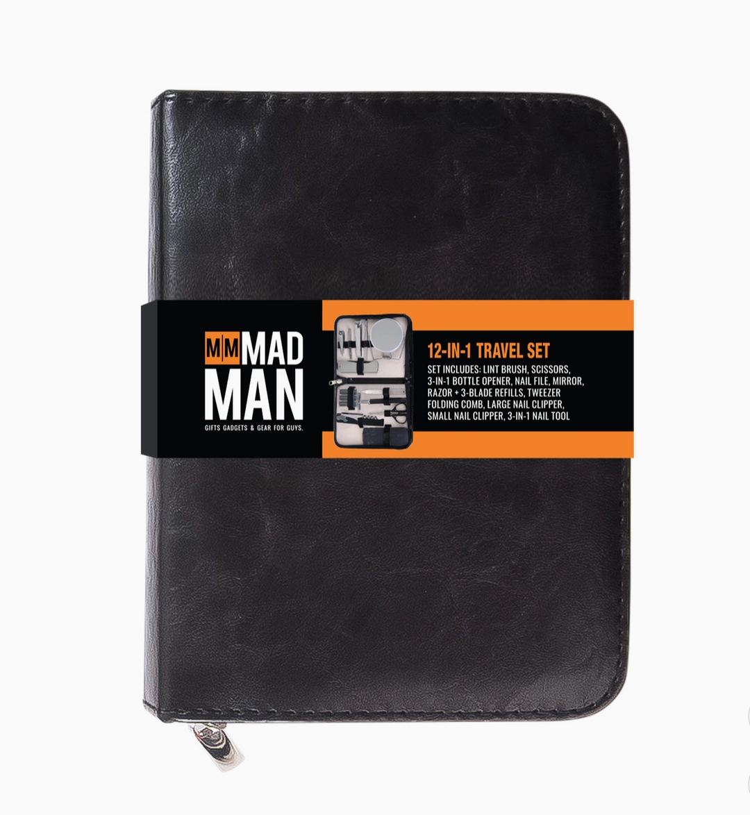 Mad Man 12-in-1 Travel Set in a black faux leather zippered case with compact men's grooming kit for travel, business trips, and everyday use.