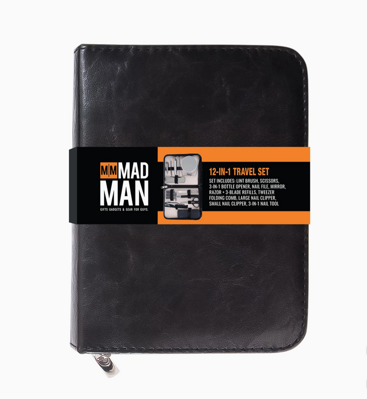 Mad Man 12-in-1 Travel Set in a black faux leather zippered case with compact men&