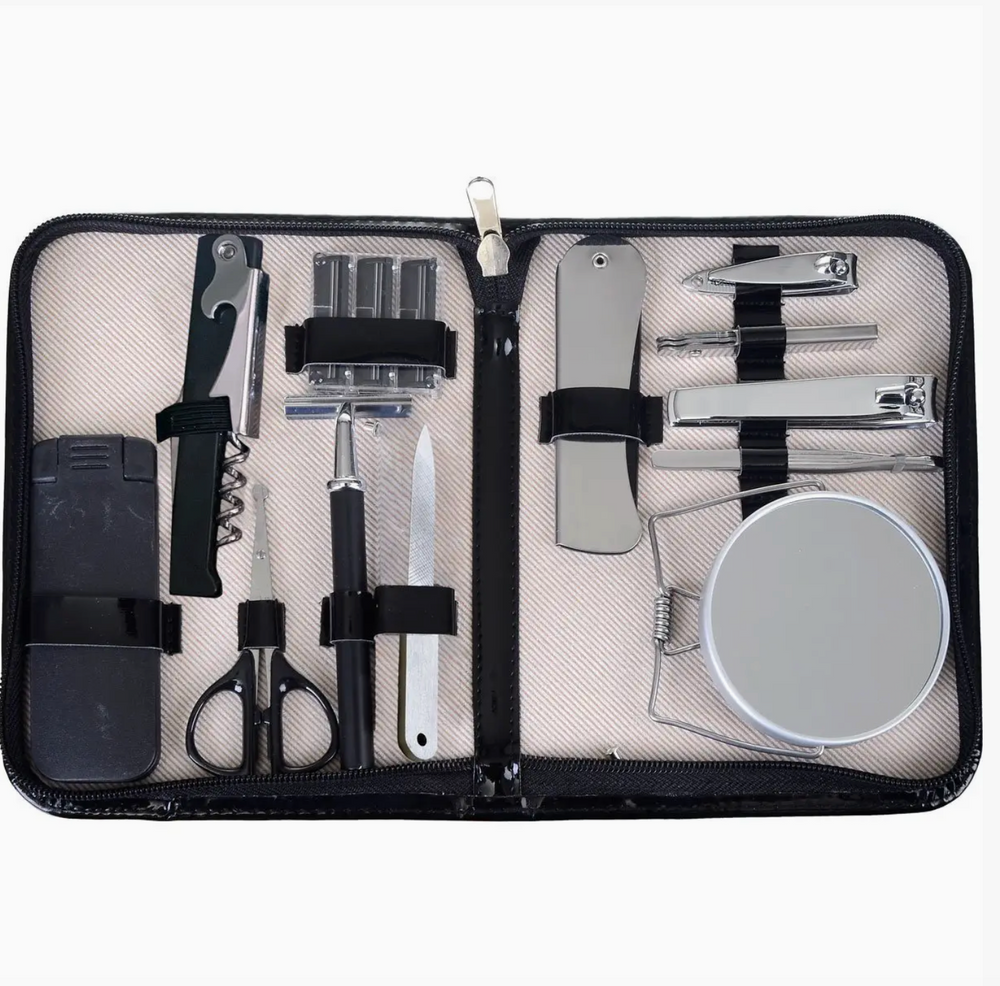Open Mad Man 12-in-1 Travel Grooming Set featuring a lint brush, scissors, bottle opener, razor with replacement blades, nail file, mirror, tweezers, folding comb, large and small nail clippers, and multi-function nail tool in a zippered faux leather case.