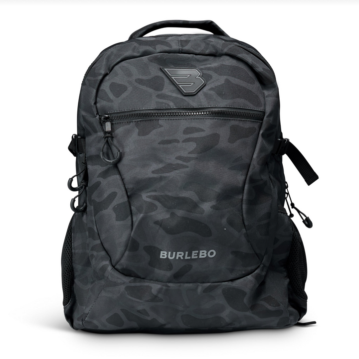 Burlebo Black Camo backpack with durable polyester construction, front zip pocket, dual side mesh pockets, padded shoulder straps, and spacious storage on a white studio background.