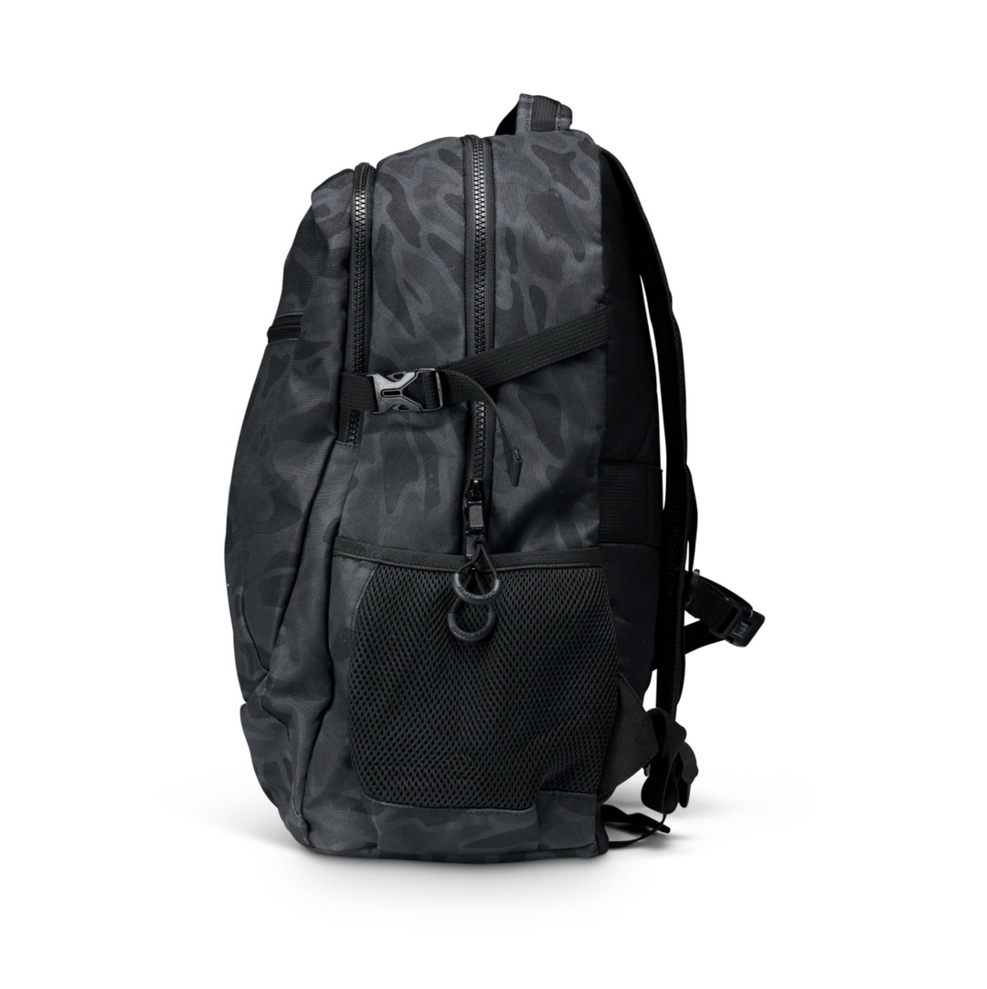 Side view of the Burlebo Black Camo backpack highlighting the slim profile, durable construction, and expandable mesh water bottle pocket.