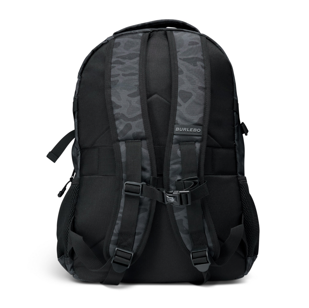 Back view of the Burlebo Black Camo backpack featuring padded adjustable shoulder straps, breathable back panel, and top carry handle.