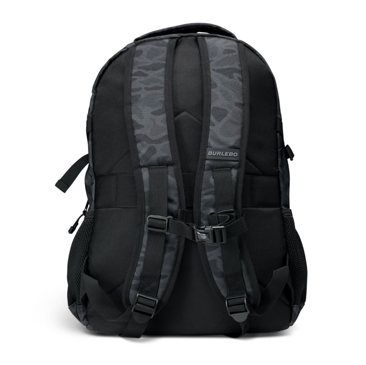 Back view of the Burlebo Black Camo backpack featuring padded adjustable shoulder straps, breathable back panel, and top carry handle.