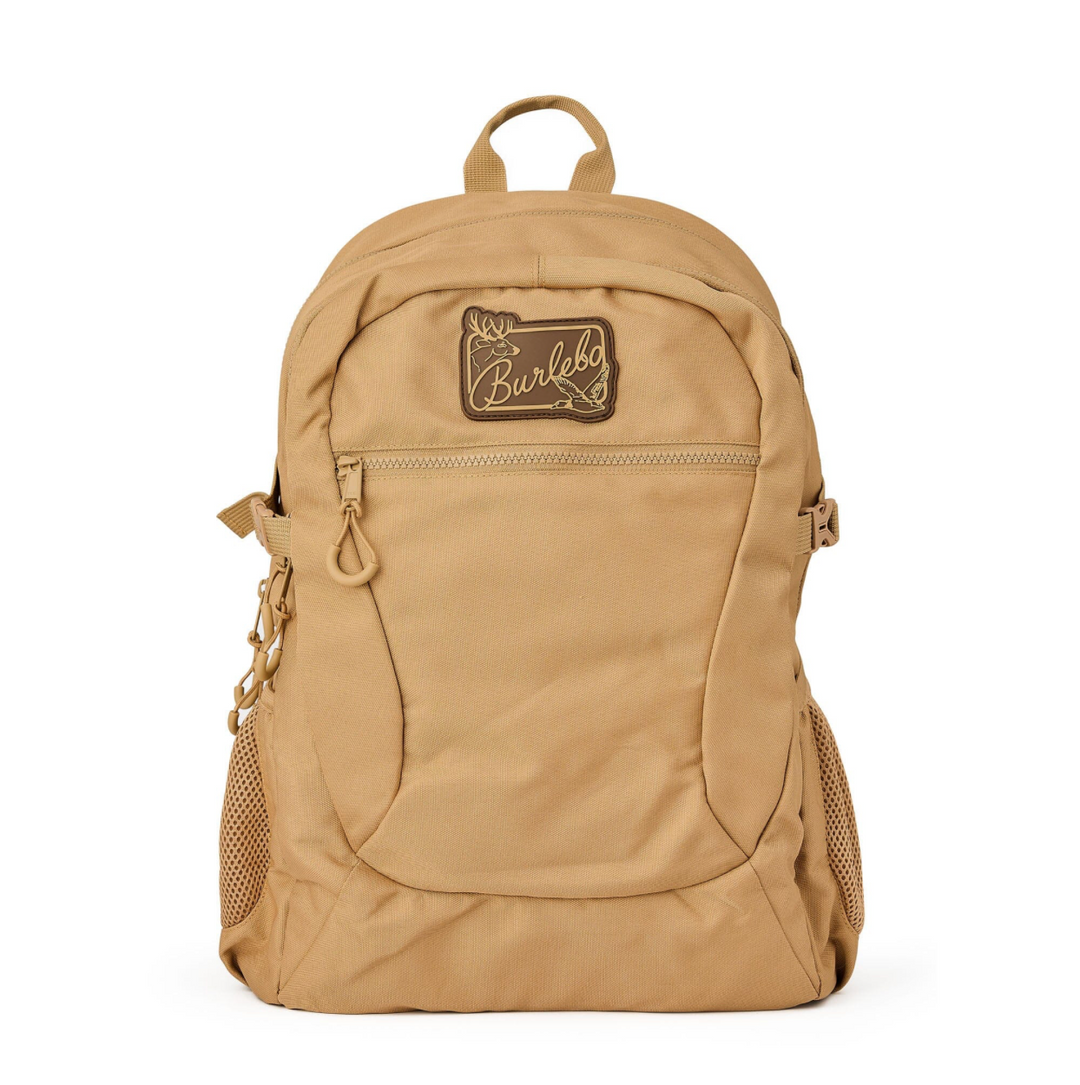 Burlebo Coyote Tan backpack with durable polyester construction, front zip pocket, dual side mesh pockets, padded shoulder straps, and spacious storage on a white studio background.