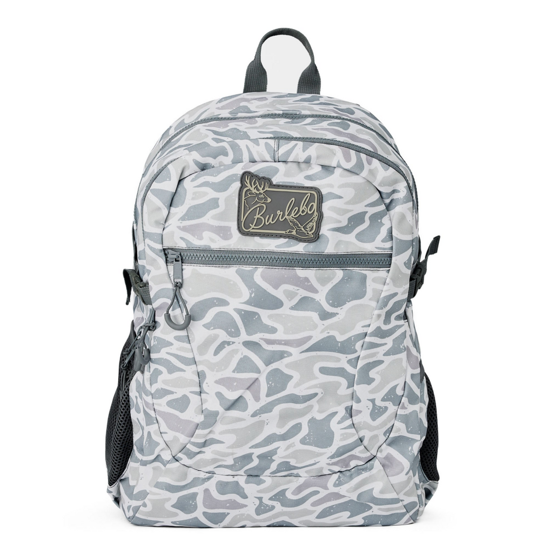 Burlebo White Camo backpack with durable polyester construction, front zip pocket, dual side mesh pockets, padded shoulder straps, and spacious storage on a white studio background.