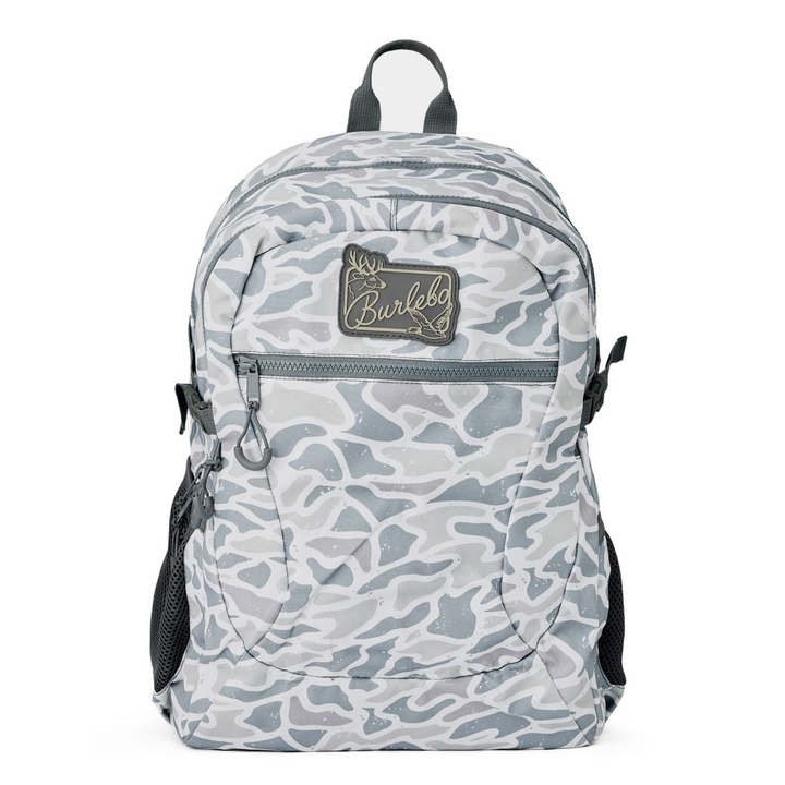Burlebo White Camo backpack with durable polyester construction, front zip pocket, dual side mesh pockets, padded shoulder straps, and spacious storage on a white studio background.