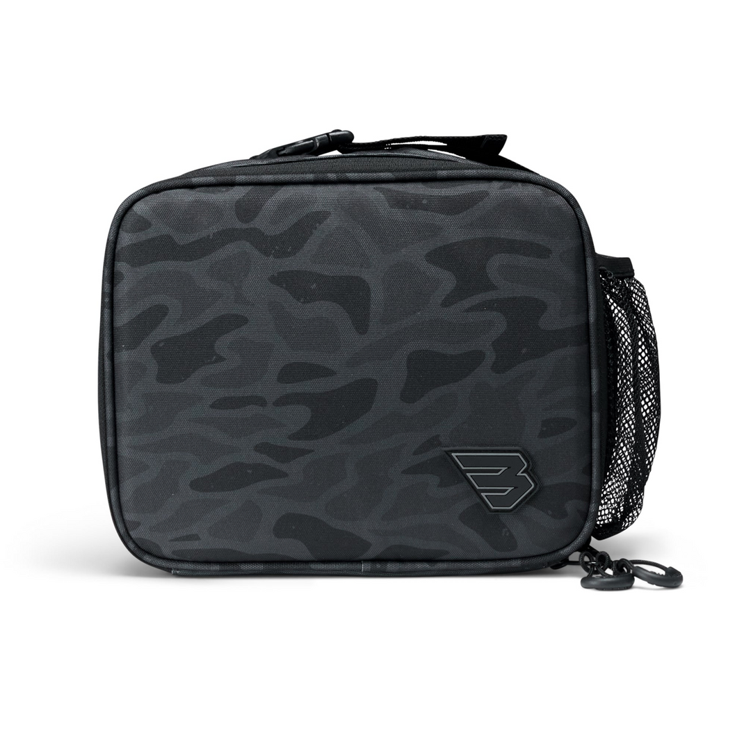 Burlebo Black Camo insulated lunchbox with a durable camo exterior, zip-top closure, side mesh pocket, and black logo on a white studio background.