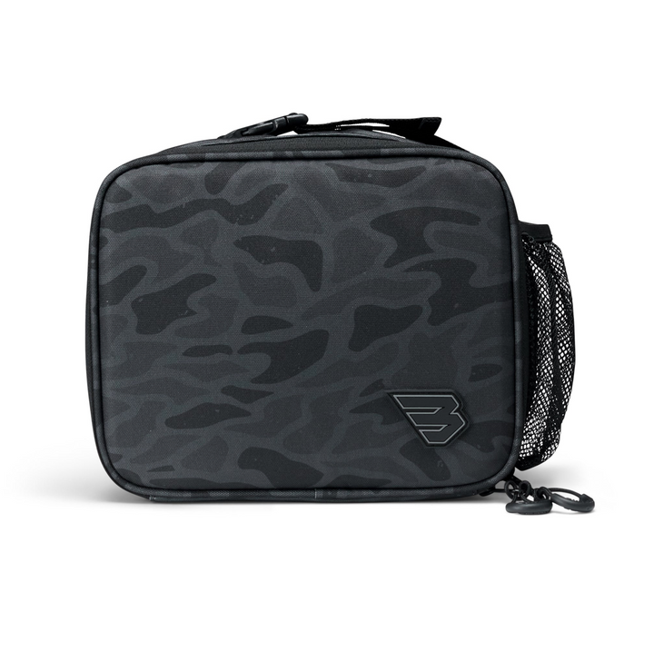 Burlebo Black Camo insulated lunchbox with a durable camo exterior, zip-top closure, side mesh pocket, and black logo on a white studio background.