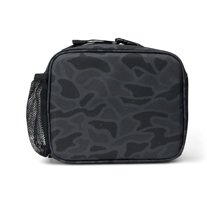 Back view of the Burlebo Black Camo insulated lunchbox with durable polyester construction, zip closure, and carry handle.