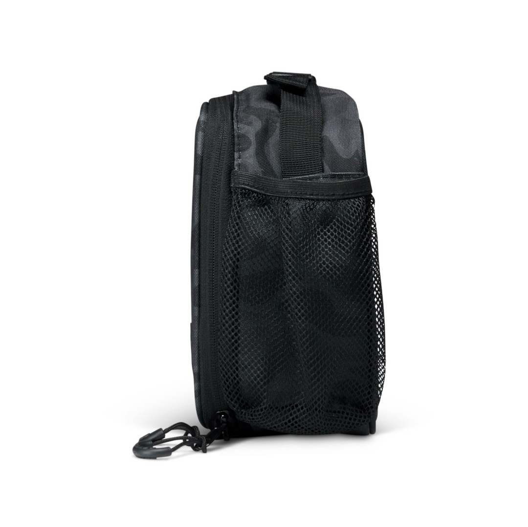 Side profile of the Burlebo Black Camo lunchbox showing the expandable mesh beverage pocket and insulated design.
