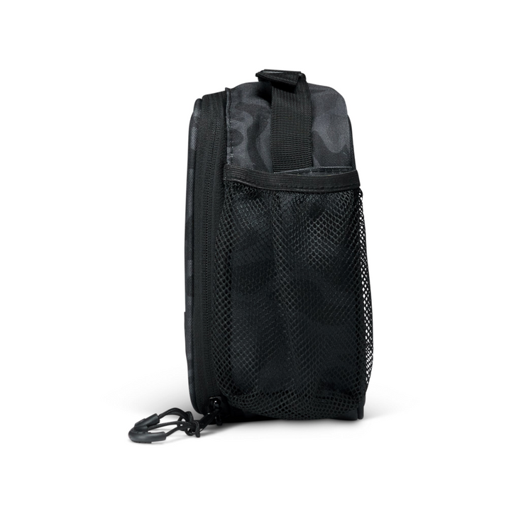 Side profile of the Burlebo Black Camo lunchbox showing the expandable mesh beverage pocket and insulated design.