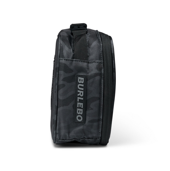 Opposite side view of the Burlebo Black Camo insulated lunchbox featuring the durable zipper, compact profile, and Burlebo branding.
