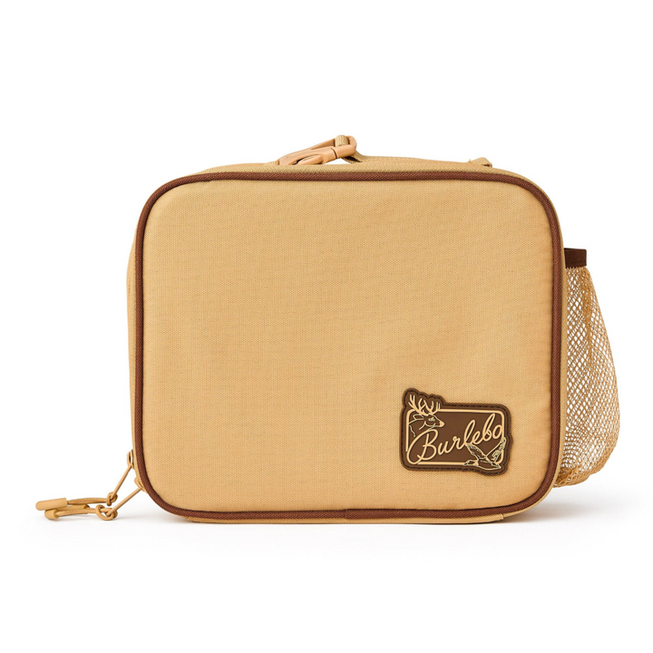 Burlebo Coyote Tan insulated lunchbox with a durable solid tan exterior, zip-top closure, side mesh pocket, and front logo patch on a white studio background.