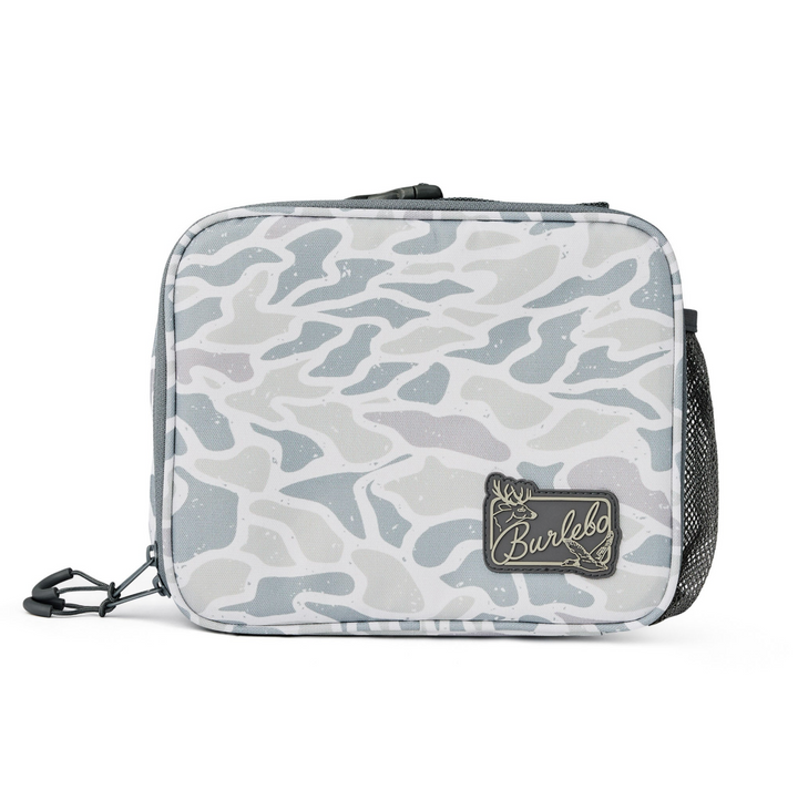 Burlebo White Camo insulated lunchbox with a durable camo exterior, zip-top closure, side mesh pocket, and front logo patch on a white studio background.