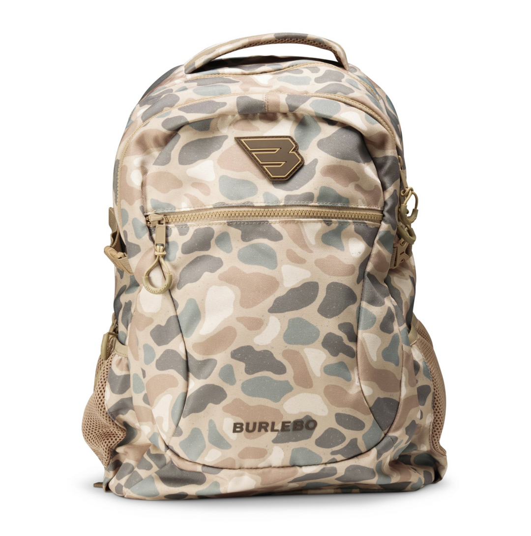 Burlebo Pintail Camo backpack with front zip pocket, dual side mesh pockets, padded shoulder straps, and durable polyester construction on a white studio background.