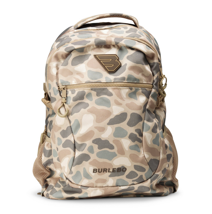 Burlebo Pintail Camo backpack with front zip pocket, dual side mesh pockets, padded shoulder straps, and durable polyester construction on a white studio background.