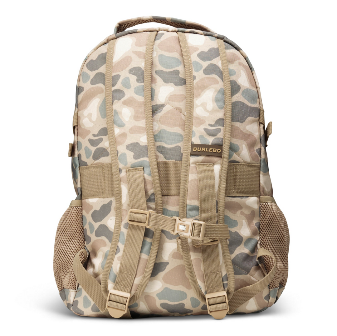 Back view of the Burlebo Pintail Camo backpack with padded adjustable shoulder straps, top carry handle, and breathable back panel.