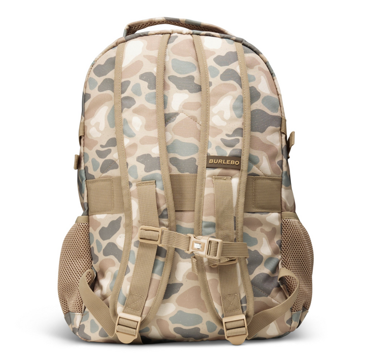 Back view of the Burlebo Pintail Camo backpack with padded adjustable shoulder straps, top carry handle, and breathable back panel.