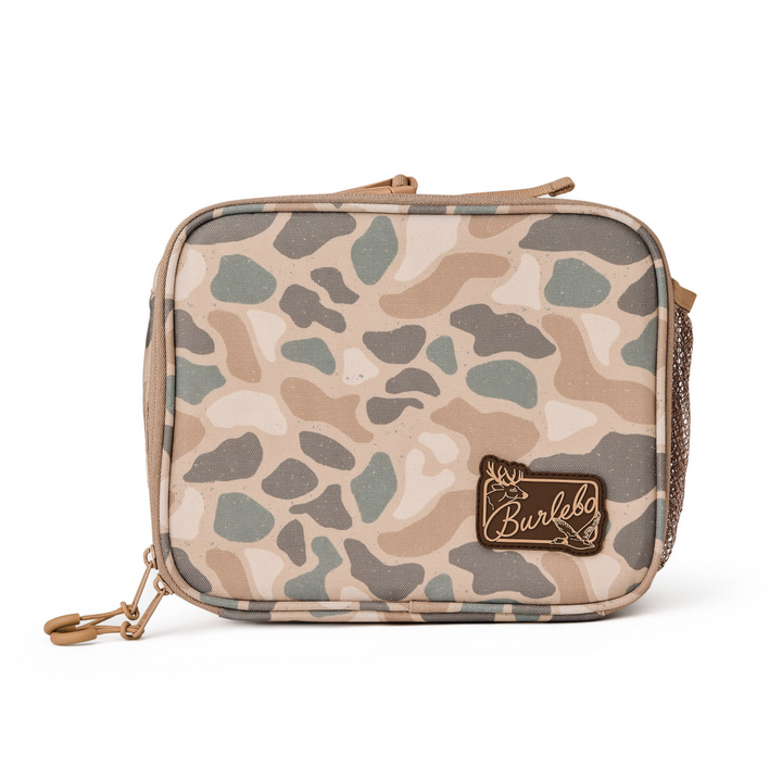 Burlebo Pintail Camo insulated lunchbox with a zip-top closure, front logo patch, side mesh pocket, and durable camo exterior on a white studio background.