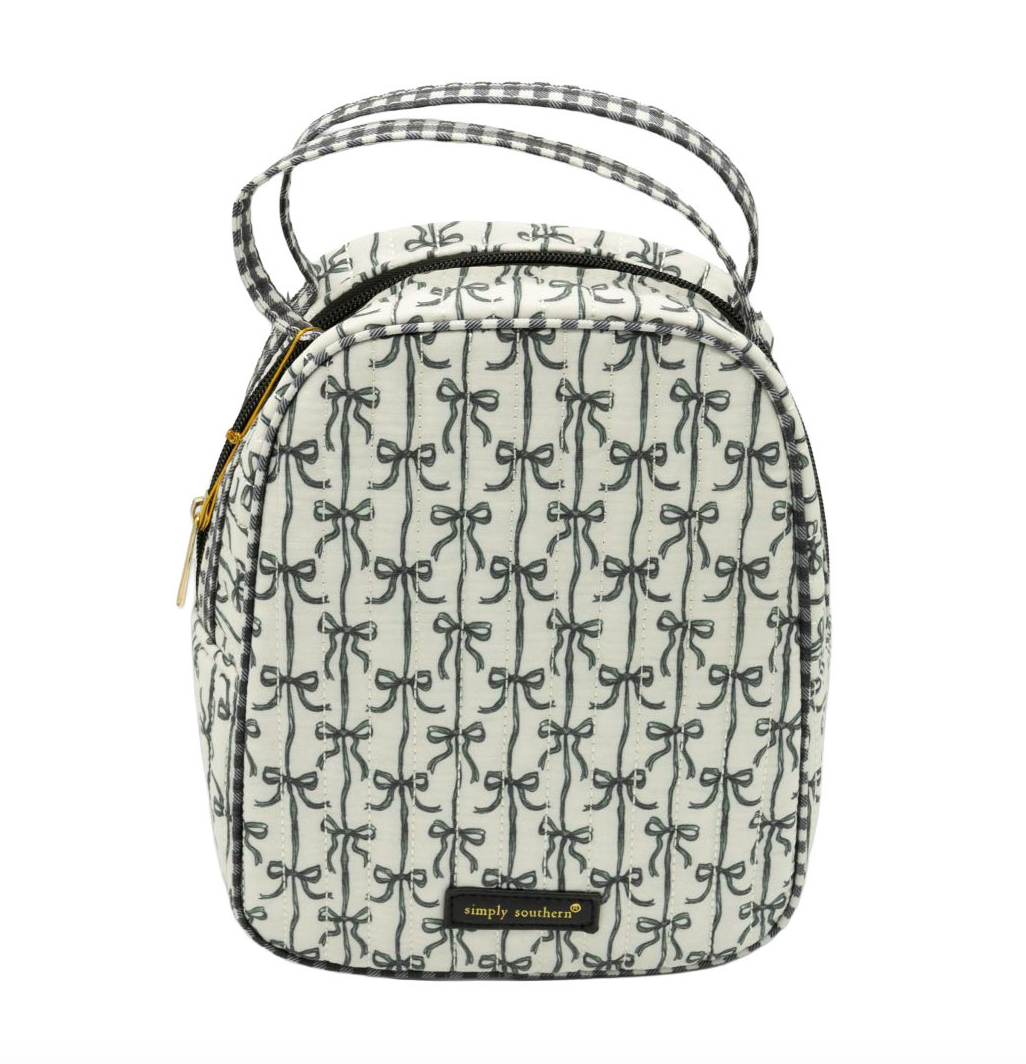 Simply Southern Black Bow Quilted Lunch Bag with quilted black bow print, dual carry handles, insulated design, zip-top closure, and logo detail on a white studio background.