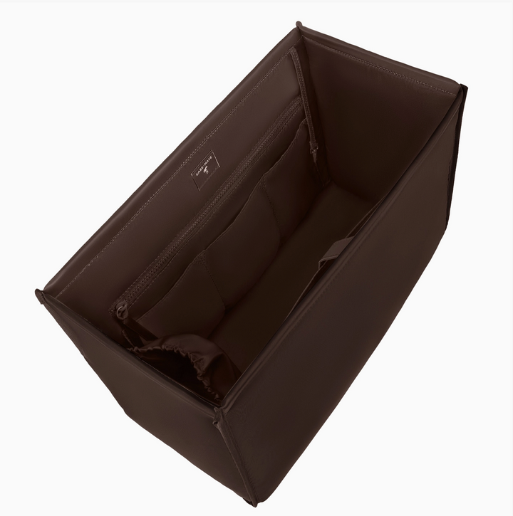 Case-Mate brown tote organizer insert featuring a spacious open interior, zippered pocket, multiple organizer compartments, and bottle holder