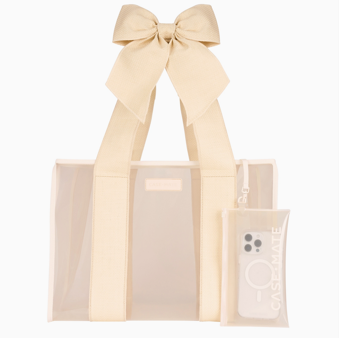 Case-Mate Ecru Raffia Bow Jelly Tote Bag featuring a translucent neutral tote, oversized textured raffia bow straps, and removable water-resistant phone pouch
