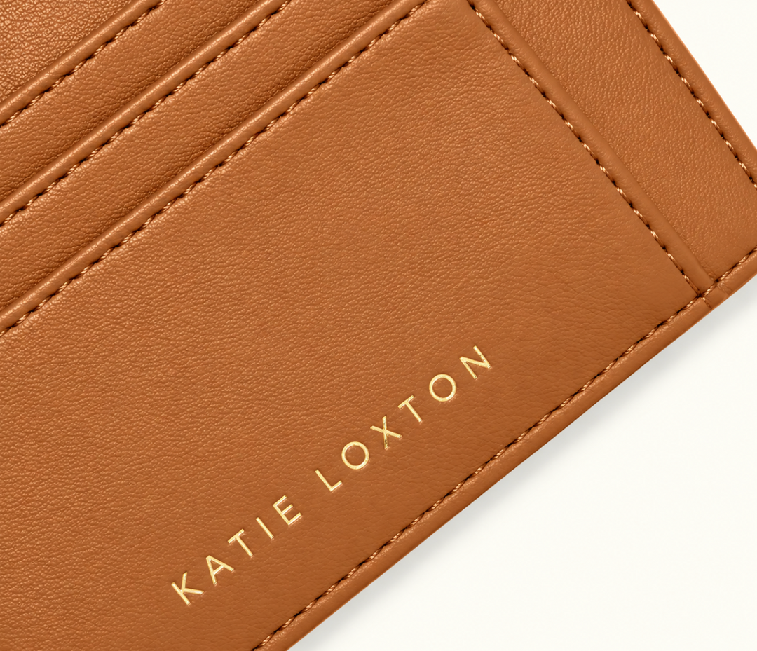 Close-up of Cognac vegan leather Katie Loxton Lily Cardholder showing textured finish, detailed stitching, and gold Katie Loxton logo.