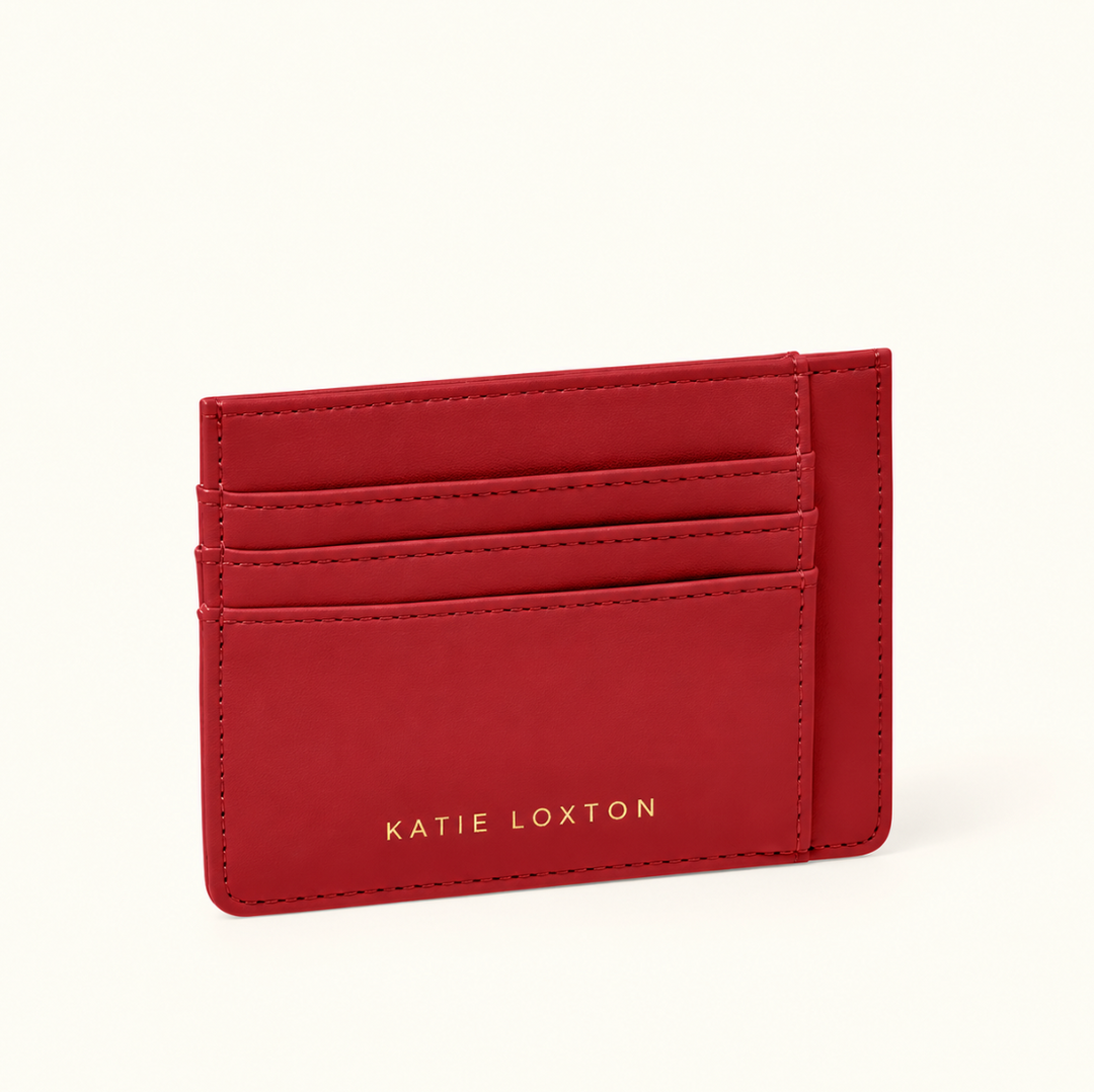 Katie Loxton Lily Cardholder in Garnet Red vegan leather with multiple card slots, slim profile, and gold logo detailing.