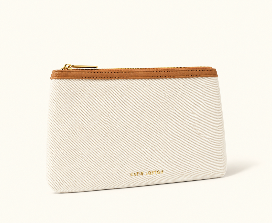 Katie Loxton Capri Canvas Pouch in tan and off white with gold zip closure and logo
