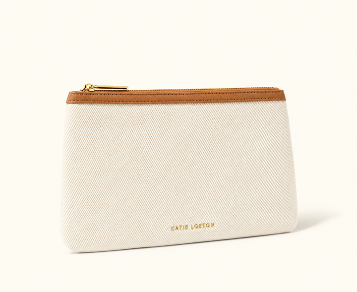 Katie Loxton Capri Canvas Pouch in tan and off white with gold zip closure and logo