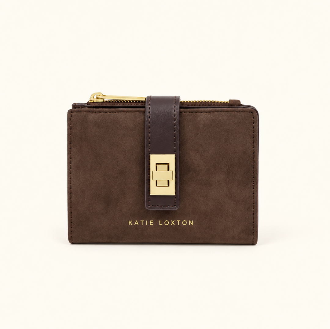 Katie Loxton Orin Twist Lock Purse in Bitter Chocolate brown suedette with gold-tone closure, zip top and logo