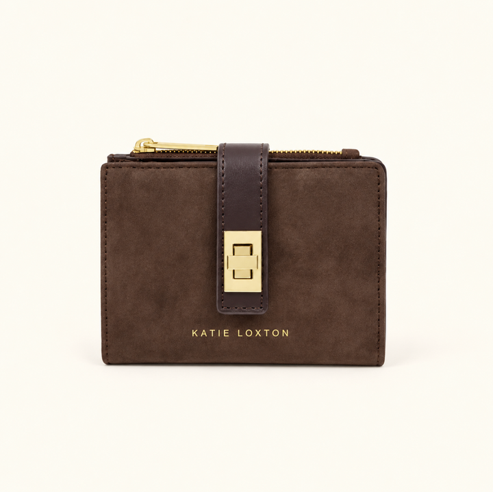 Katie Loxton Orin Twist Lock Purse in Bitter Chocolate brown suedette with gold-tone closure, zip top and logo