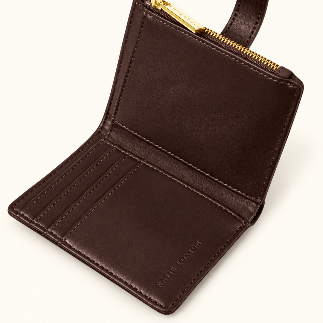 Interior of Katie Loxton Orin Twist Lock Purse in Bitter Chocolate showing card slots, zip compartment and brown lining