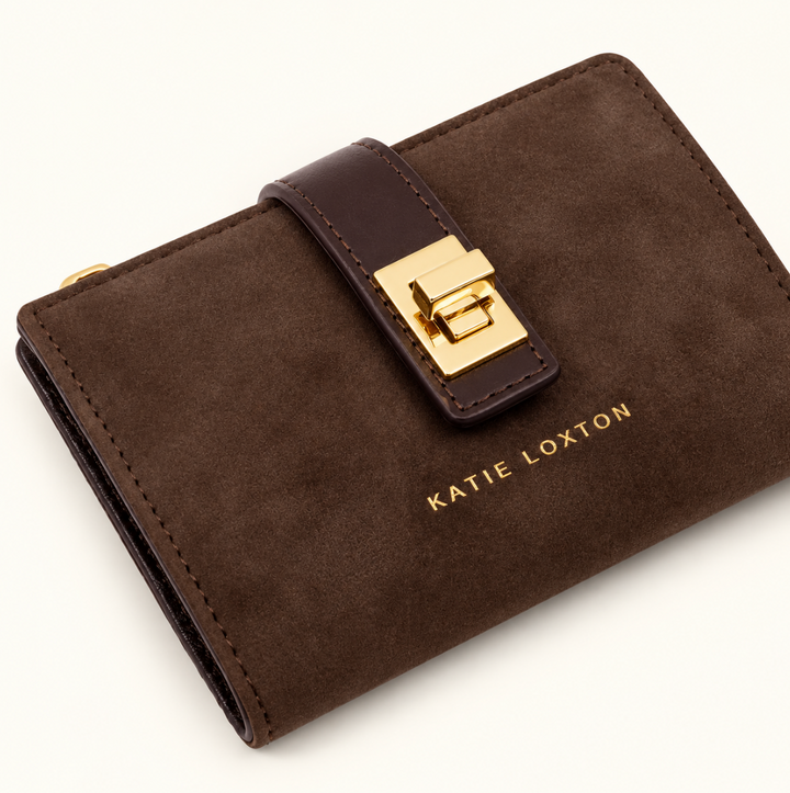 Close-up of Katie Loxton Orin Twist Lock Purse in Bitter Chocolate suedette with gold-tone twist lock and Katie Loxton logo