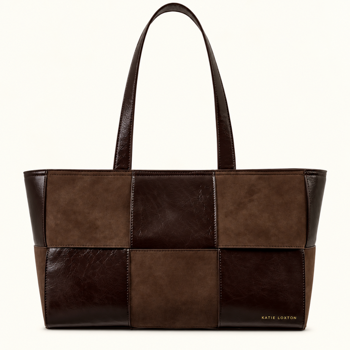 Katie Loxton Taya Woven Tote Bag in Bitter Chocolate with brown suedette and patent crackle patchwork panels