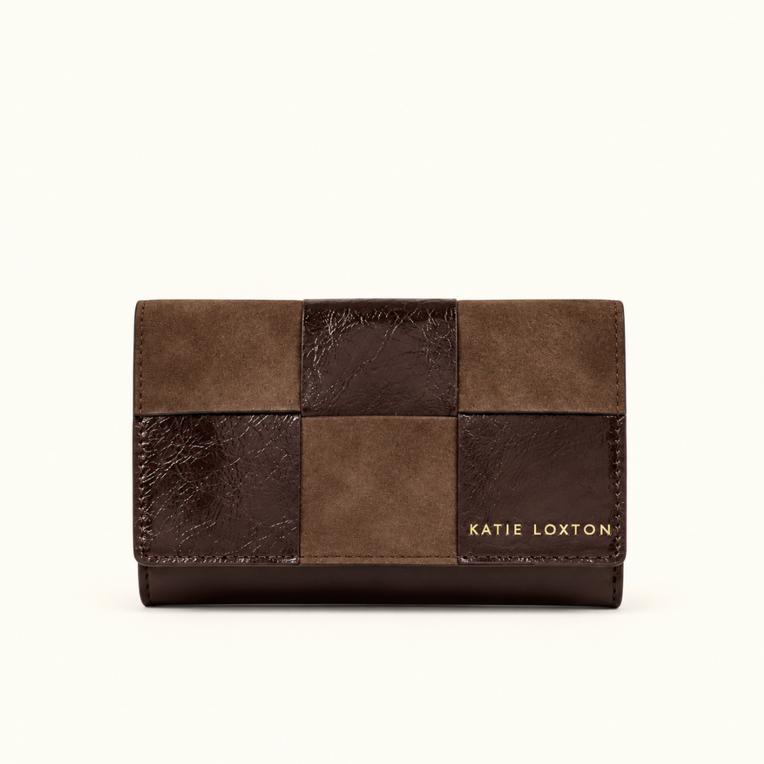 Katie Loxton Taya Woven Purse in Bitter Chocolate with brown suedette and patent crackle patchwork design