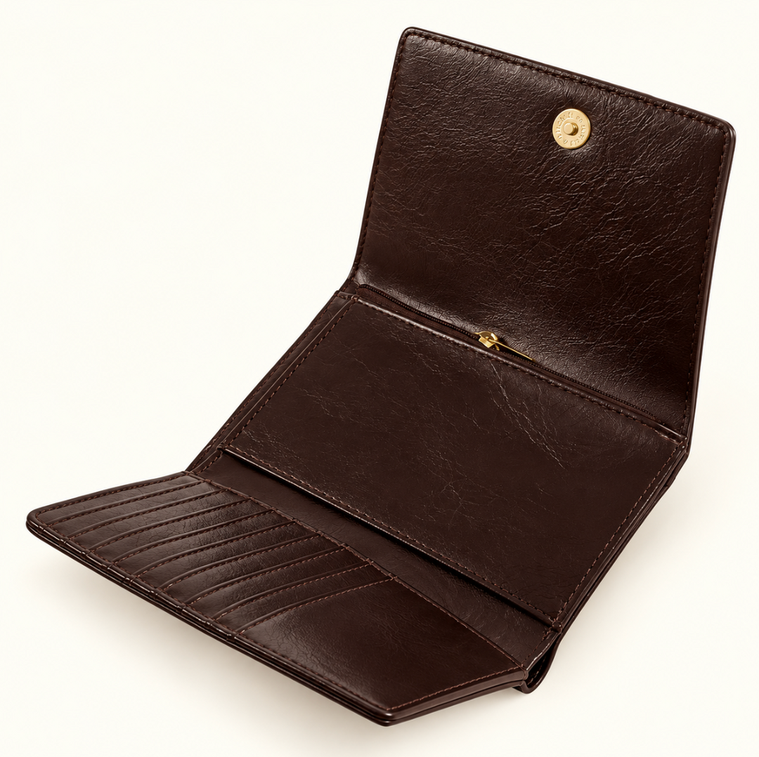 Open Katie Loxton Taya Woven Purse in Bitter Chocolate showing interior card slots, compartments and gold-tone snap closure