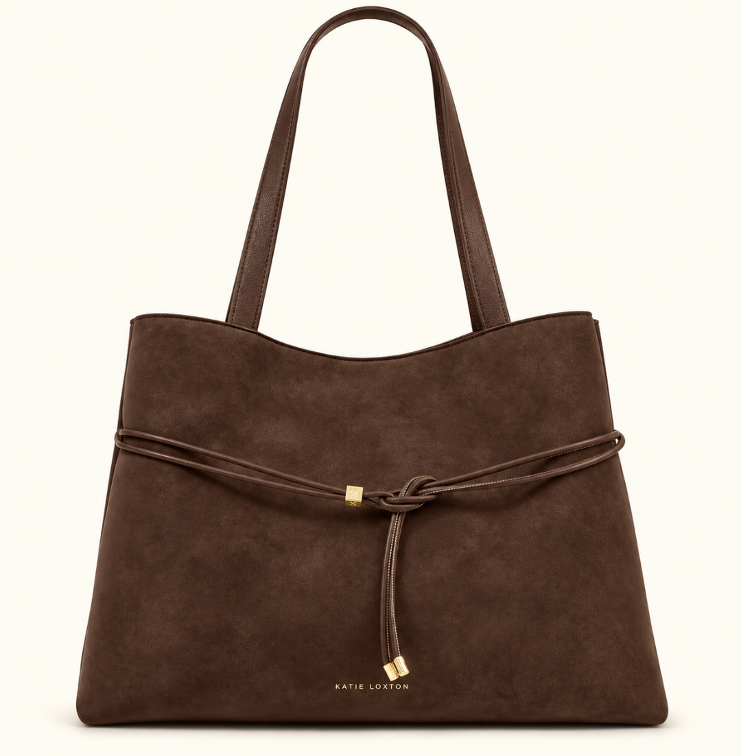 Katie Loxton Lori Tote Bag in Bitter Chocolate brown suedette with long shoulder straps, knotted front detail and gold-tone hardware