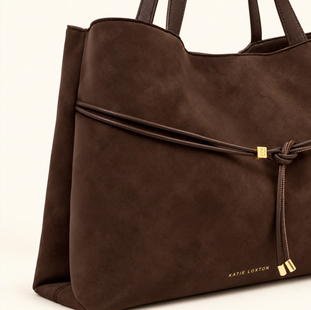 Close-up of Katie Loxton Lori Tote Bag showing soft Bitter Chocolate suedette texture, wraparound cord detail and gold-tone hardware