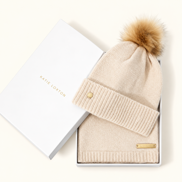 Katie Loxton Boxed Fine Knitted Hat and Scarf Set in Eggshell with faux fur pom pom, gold hardware and white gift box
